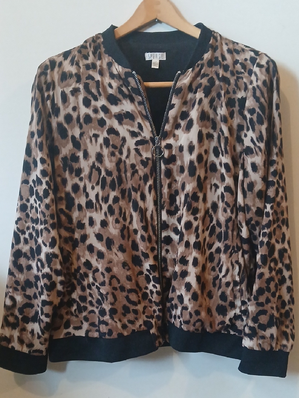 Spense Women's L Lt Wt Leopard-Print Bomber Jacket in Brown and Black